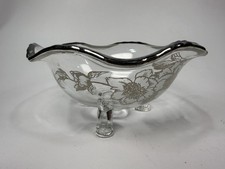 Vintage Art Clear Ruffle Glass Bowl w/ Silver Overlay Flowers 3 Footed Dish picture