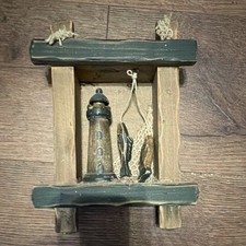 Nautical Wood Shadow Box Wall Shelf Lighthouse Fish Net Decor Brown green picture