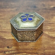 VTG Hexagonal Metal Trinket Box Blue Enamel Flower Filigree Pill Box Art Deco picture