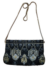 Beaded Sequin Evening Purse w/Metal Frame & Strap Retro Clutch Bag gold VTG Blk picture