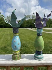 Vintage Set 2 Dept 56 15” Whimsical Wood Column  Candlesticks Y2K Small Flaw picture