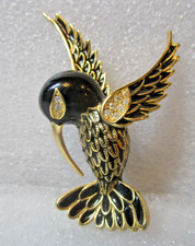 hummingbird pin brooch black and gold with rhinestones elegant unique Vintage picture