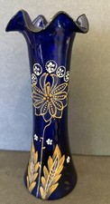 Vase Cobalt Blue Handpainted Scalloped Edge Blown Glass Vintage picture