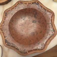 Vintage Sasak Pottery Hand Crafted Terracotta Edge Woven Wicker Basket picture
