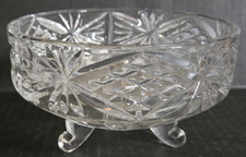 Cut Glass Style Footed Bowl Three-Toed Clear Glass 6 Inch Diameter, Vintage picture