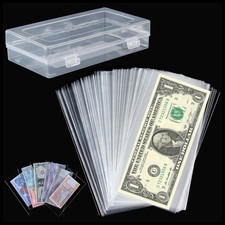 100 Pack Dollar Bill Holder Clear Rigid Sideload Currency Sleeves + Storage Case picture