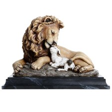 Christian Lion and Lamb Statue Brown Resin Table Decor Marble Base 6.5in picture