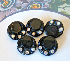 5 Vintage Glossy Black Glass Hat Buttons w/Aurora Borealis Rhinestones in Brim picture