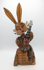 Vtg Ukrainian Wood Carved Rabbit Hare Statue Guitar Folk Art 15