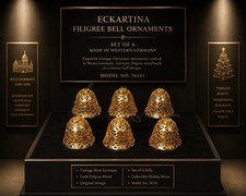 Vintage Eckartina West Germany Gold Filigree Bell Christmas Ornaments W/ Box picture