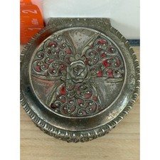 Vtg Silver Tone Footed Floral Trinket Box Red Velvet Lining Japan Rose Ornate picture