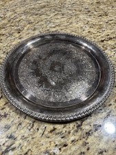 Round Silver Metal Serving Tray 10”Platter, Engraved Pattern Rope Edge, Cpix picture