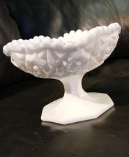 Vintage Pedestal Candy Dish Hobnail Milk Glass Scalloped Edging 3 1/2