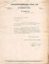 1923 Jackson-Harrigan Coal Co. Letter Pennsylvania Bituminous Mining History picture