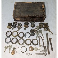 Vintage Bancroft Hotel Saginaw MI Room Keys & Brass Lock Cylinder Lot Cigar Box picture