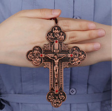 Orthodox Metal Cross Necklace Wooden Beads chain Crucifix Jesus Wooden Rosary picture
