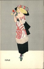 Art Deco woman with flowers B.K.W.I. Mela Koehler 746-3 c1920 Postcard bhn picture