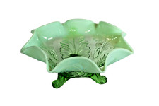 Antique Depression Glass Candy Dish Footed Bowl Lime Green Flowers picture