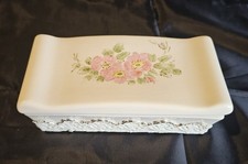Vtg Porcelain Trinket Box With Hand-Painted Roses & Goldtone Trim Lace Edge picture