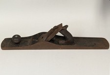 Antique Unmarked Cast Iron Jointer Plane 21 in Wooden Tote Knob Lever Cap Rusted picture