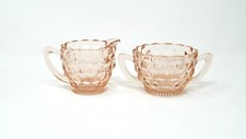 VINTAGE Jeannette Pink Depression Glass Creamer and Sugar Bowl - Cubist Pattern picture