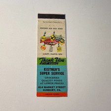 Kistner's Super Service Groceries Sunbury PA Vintage Matchbook Cover 5MB126-3-4 picture