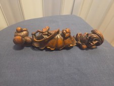 Vintage Chinese Carved Hardwood Spoon Tray Set Frog Lotus Bamboo 2 Pc picture