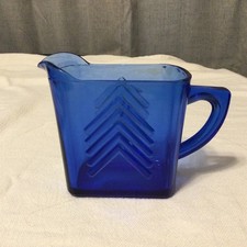 Hazel Atlas Glass Chevron Pattern - Cobalt Blue Pitcher Creamer picture