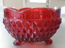 Vintage Indiana Diamond Point Bowl Three Toed Amber Red Glass Dish picture