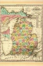 Map of Michigan with Canals Roads Distances by H.S. Tanner, 1842, MI -- Postcard picture