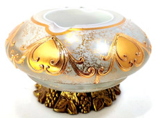 VINTAGE ART DECO ASHTRAY BOHEMIAN CZECH GOLD GILD OPALINE GLASS BRASS #311, READ picture