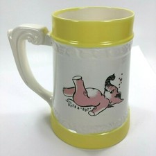 Vintage Yellow Rim White Ceramic Pink Elephant Bottoms Up Mug 1963 Mid-Century picture