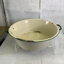 VTG 1970s Enamel Ware Round Tub Basin Wash Bowl with Handles 16” Beige & Green  picture