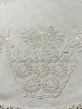 Vtg White on White Floral Padded Satin Embroidered Tablecloth Crocheted Lace picture