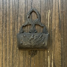 Vtg Black Ornate Cast Iron Wall Mount Match Box Holder Rustic Cottage Farmhouse picture