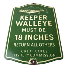 Vintage Walleye Great Lakes Sign - Fish Wildlife Signage Porcelain Gas Pump Sign picture