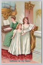 Antique Religious Postcard Choir Girls Pipe Organ Lord's Prayer Embossed picture
