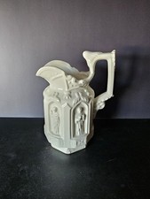 Vintage Gothic Figural Saints Pitcher White Glaze Ceramic 3D 5.75