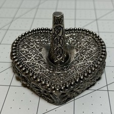 VTG MCM Retro Silver Plate Heart Shape Ring Holder With Blue Velvet Base picture