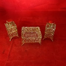 Vintage Gold Toned Perfume Bottle And Soup Dish Set Metal 4oz Trinket Glass Flor picture