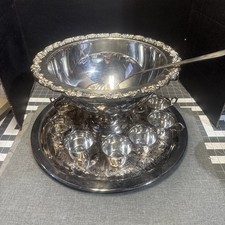 Oneida 13 pc DuMaurier Silver Plate Punch Set W/Bowl, Cups,Tray,Ladle-Tarnished picture