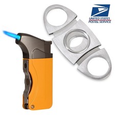 Yellow Travel Set Windproof Cigar Lighter 1 Flame Jet Torch Cutter Punch Cohi picture