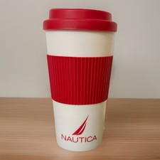 NAUTICA Coffee Travel Mug Cup Reusable Red & White Gripping Sleeve for Comfort picture