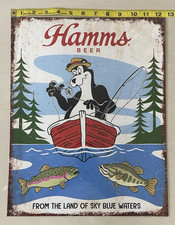 Hamm's From The Land Of Sky Blue Waters Tin Bar Beer Sign Fishing 16 X 12.5 picture