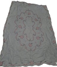 1950s White Hand Stitched Pink Grey Embroidered Flowers 47x62 in Vintage picture
