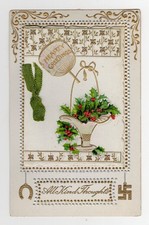 Vintage Christmas Postcard Mechanical Fold Out Holly Horseshoe Swastika picture