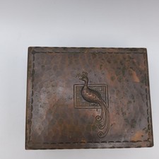 Antique Hammered Copper Jewelry Trinket Storage Box Peacock Bird Relief 5x4 READ picture