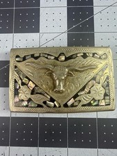 VTG Stamped Mexico SilverTone Abalone Inlay Western Steer Engraved Belt Buckle  picture