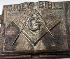 Antique Bronze Masonic Freemason Holy Bible Ruler & Compass Paperweight Mason picture