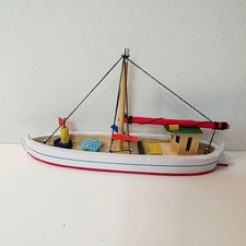 7in Vtg Penco Port Townsend WA Wooden Fishing Trawler Sail Boat White & Red picture